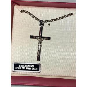 New Sterling Silver Crucifix Necklace Stainless Steel Chain